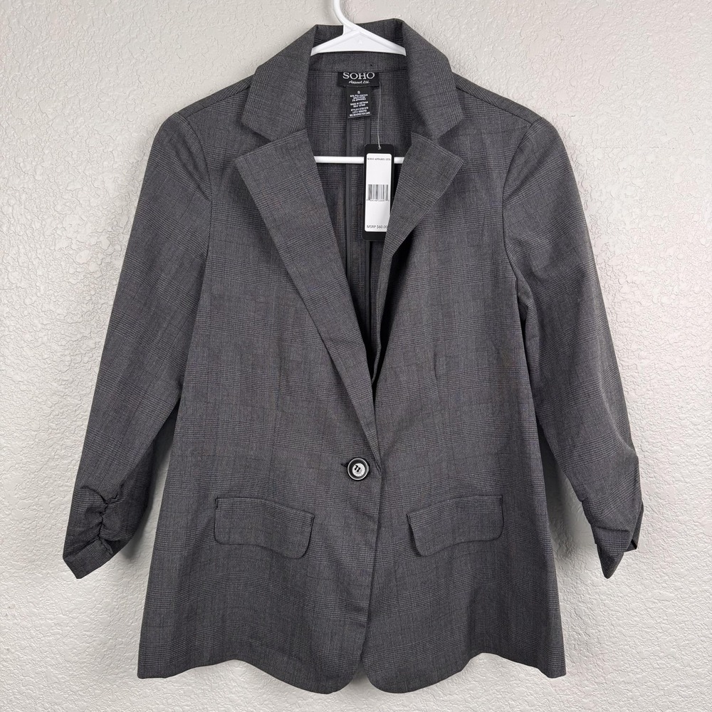 SOHO Apparel Blazer Womens Small Gray Glen Plaid Single Button Ruched Sleeve